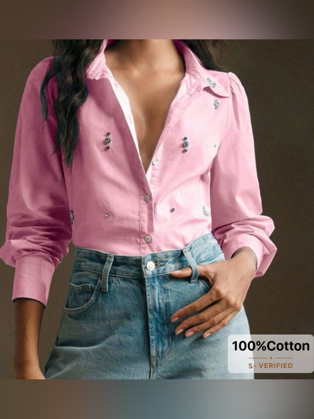 NWOT Size M 100% Cotton Women's Pink Embellished Button-Up Shirt